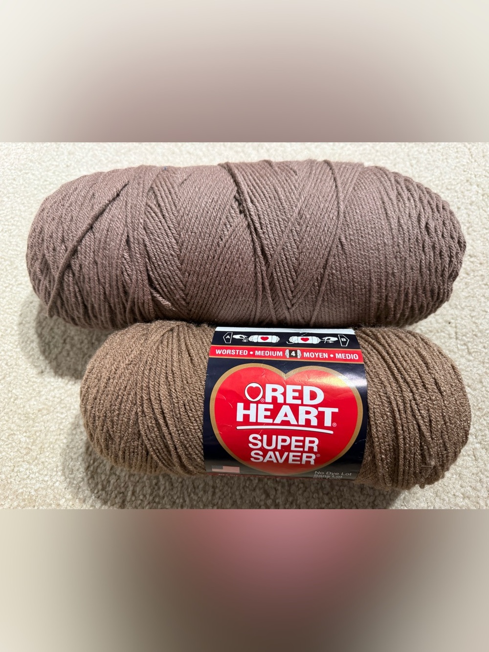 Lot of 2 Skeins Red Heart Super Saver Yarn - Cafe 7 oz & Coordinating Brown 1 lb